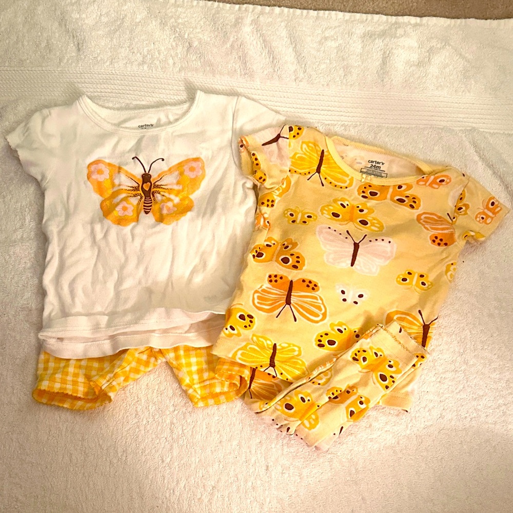 Butterfly Print Kids Pajamas Set - White and Yellow - 24m